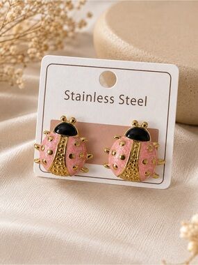Gold-Tone Pink Ladybug Stainless Steel Stud Earrings